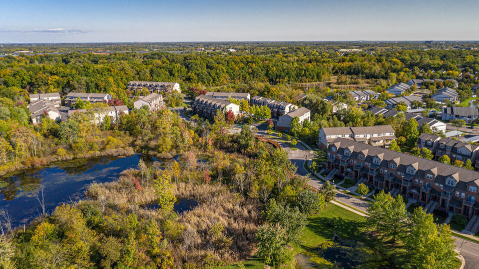 Aerial view of the water surrounding Barclay Park and surrounding Ann Arbor area